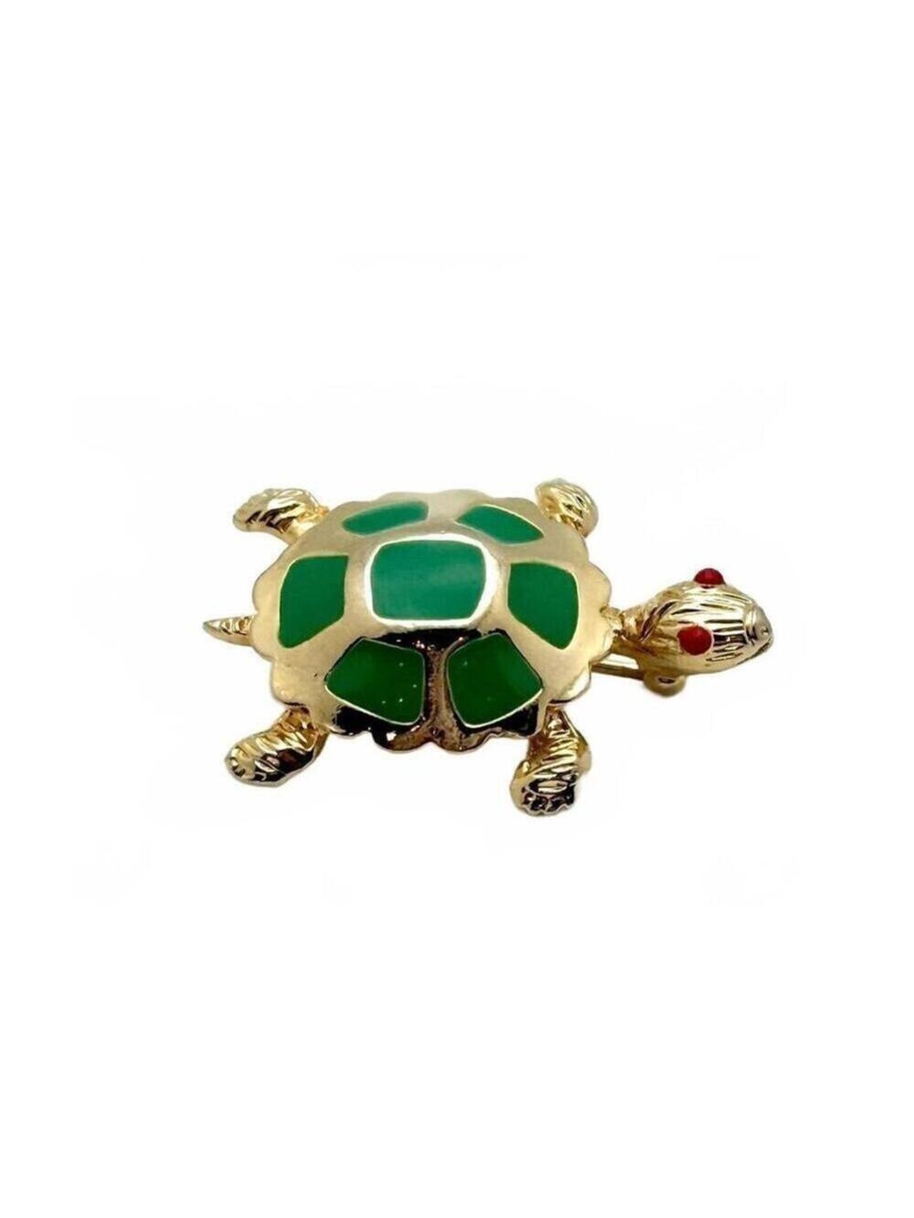 Vintage Gold Tone Enamel Turtle Brooch Green Shell Figural Animal Pin
